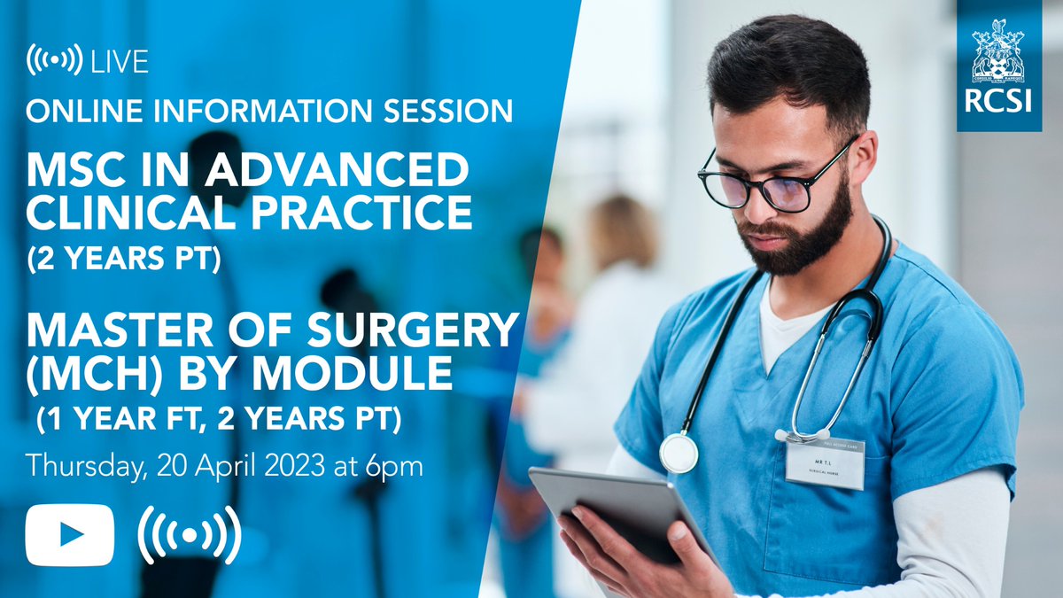 Missed our online information event last night for MSC in advanced clinical practice &amp; the Masters of surgery (MCh) by module.
You can rewatch the event here and hear from Professor John O'Byrne &amp; Dr Marie Morris and what each masters has to offer:

youtube.com/watch?v=w0mOuC…