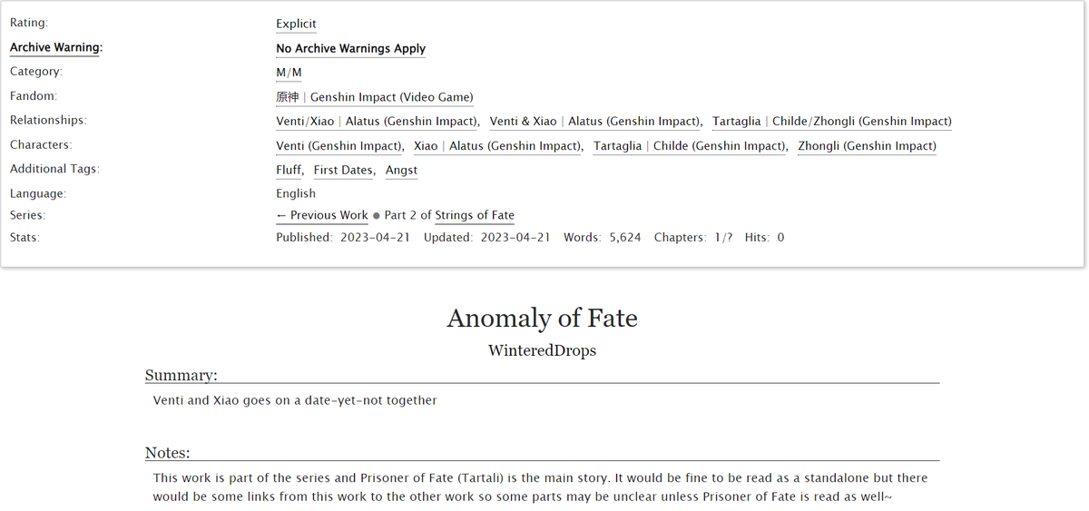 yushi_writes's tweet photo. #xiaoven (centric) fic update~ (E) 
-- 
Anomaly of Fate (AoF) - Chapter 1

Cute date for Xiao &amp; Venti~ 
-- https://t.co/hZ8XP50Thr