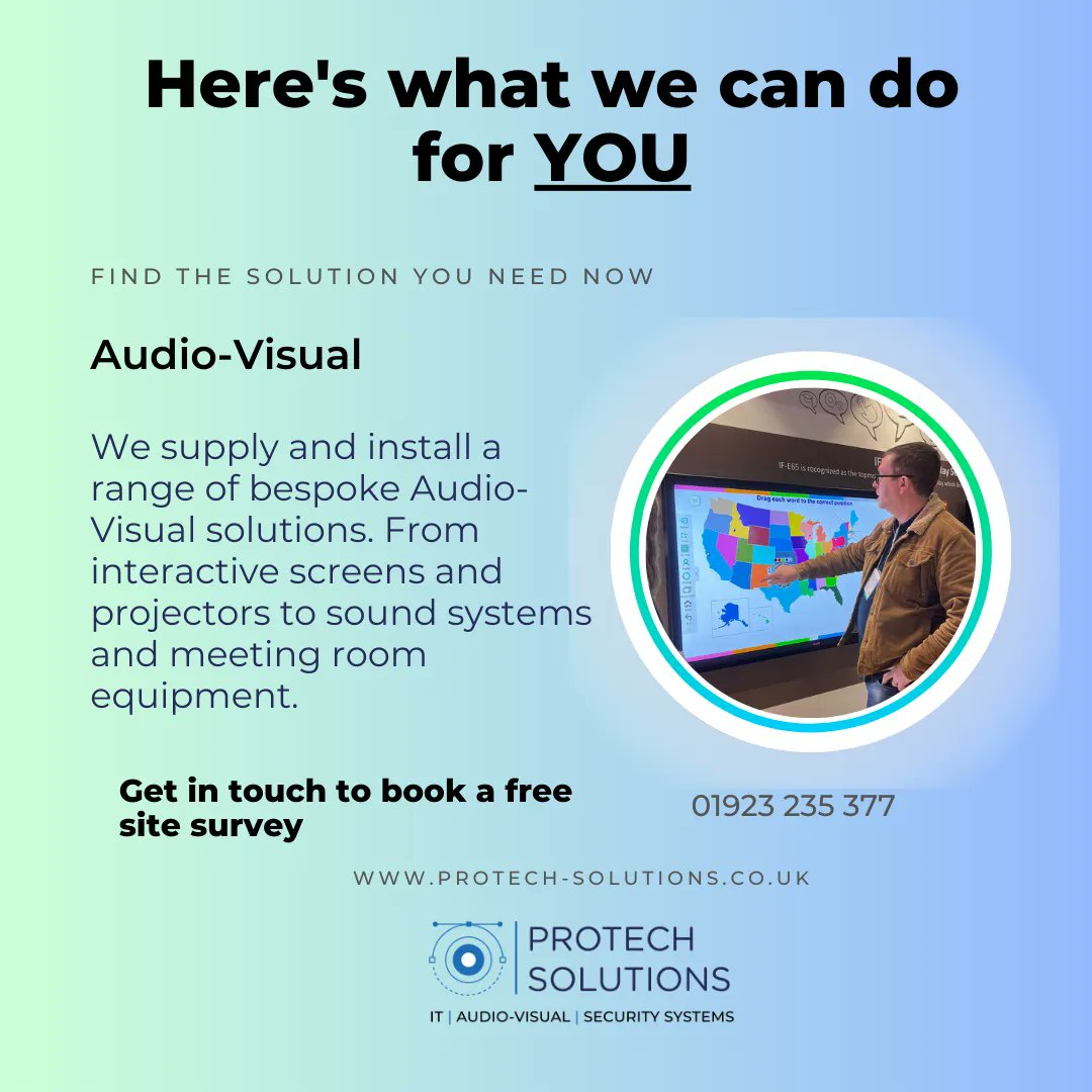 Over the next few weeks, we will be sharing a different element of what we do each week (because there are many strings to our bow!) This week, it’s all about Audio Visual. 

Get in touch to book a FREE site survey!

#audiovisual #interactivescreens #classroomtechnology