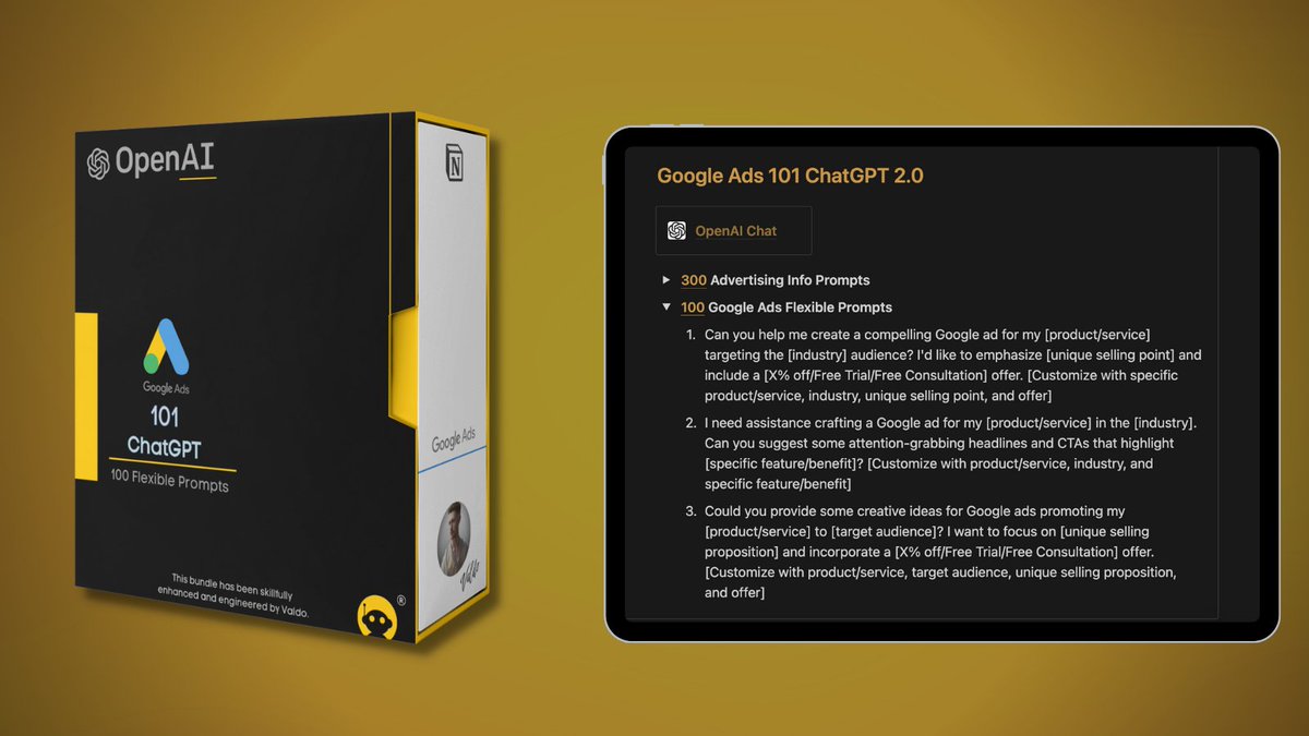 ChatGPT is a FREE Google Ads expert.

Most people overlook this.

That's why I built 100 flexible prompts to help businesses run profitable ads.

And for the next 24 hrs, I have made it available for FREE!

Like &amp; Reply  "🔥"  and I'll send you the bundle!