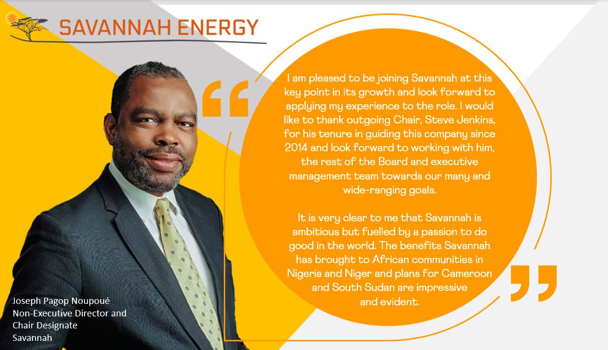 Savannah_Energy's tweet image. #SAVE is pleased to announce that Joseph Pagop Noupoué has been appointed as a Non-Executive Director and Chair Designate of Savannah with immediate effect 
bit.ly/41JKFab