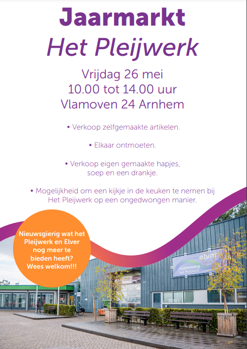 ElverZorg's tweet photo. Deelnemers en begeleiders van het #Pleijwerk willen graag laten zien welke mooie en lekkere #producten zij allemaal maken. Kom je ook #shoppen en #proeven op 26 mei? #Elver #opendag #jaarmarkt #markt #Arnhem #Presikhaaf #dagbesteding #gehandicaptenzorg https://t.co/ZxF5Co0KcL