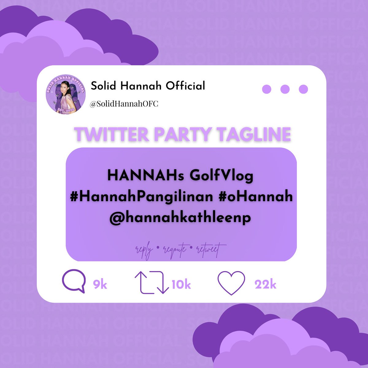 SolidHannahOFC's tweet photo. 🟣Here is our Twitter Party for Hannah’s first Golf Vlog!Reply and qrt your reactions or thoughts about her content and use our tags.We are excited to watch your @hannahkathleenp vlog later!💜

HANNAHs GolfVlog
#HannahPangilinan #oHannah
@hannahkathleenp https://t.co/2LjXFph2xW