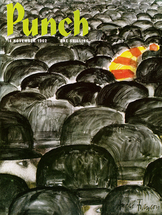 PunchBooks's tweet photo. Today's PUNCH colour cover. Not any more... The brilliantly fertile art of André François 1962 #hats #bowlers #London #City #finance #men #bankers #conformism #uniforms #conformity #art #artists #British #English #clothes https://t.co/I3JIs85VOo