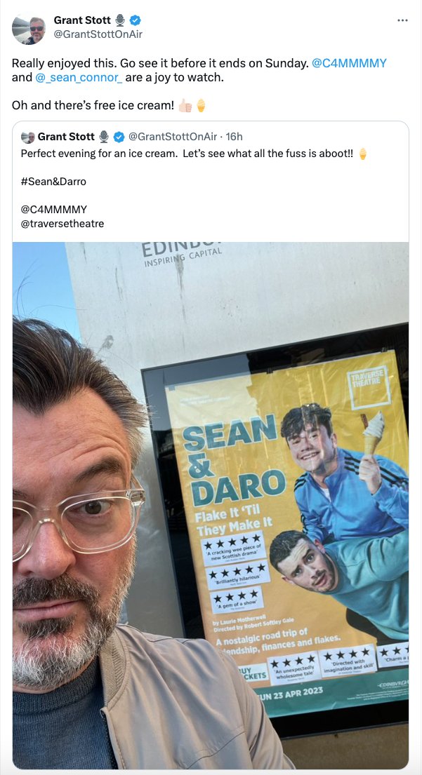 traversetheatre's tweet photo. We've had the pleasure of welcoming some spectacular audiences so far to #SeanAndDaro, including Scottish legend Stephen Greenhorn and the big tidy himself, Grant Stott! 🍦

Check out the lovely words they had to say about this heartwarming tale 👇

@S_Greenhorn @GrantStottOnAir https://t.co/rnUbwteZe4