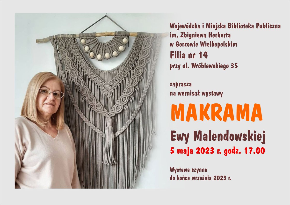WiMBP's tweet photo. Gorąco zachęcamy do obejrzenia wystawy "Makrama" Ewy Malendowskiej od 5 maja 2023 do końca września 2023 r. w filii nr 14 @WiMBP :-) https://t.co/c6vwJ9GiYq