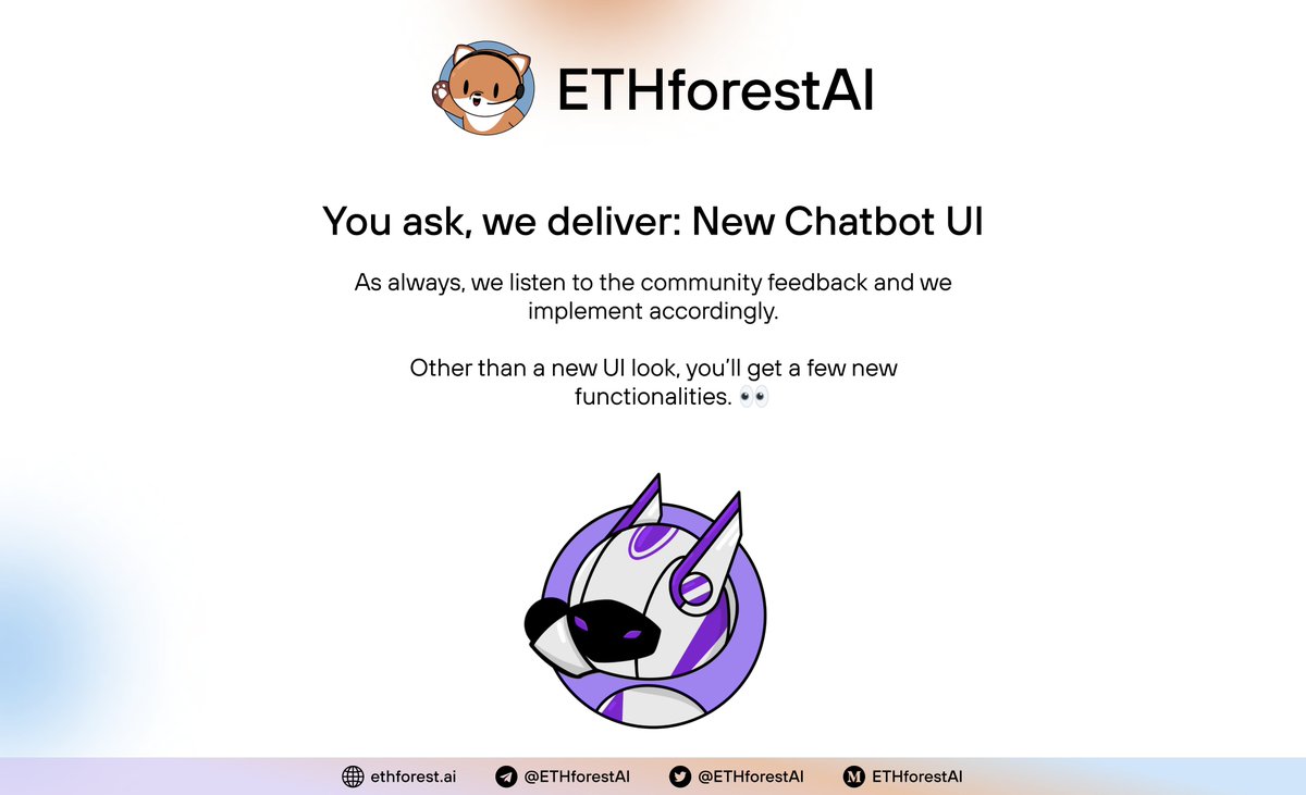 ETHforestAI's tweet photo. 🤖Exciting news!
Our #AI is about to get a #VisualOverhaul🎨, but we are not stopping there‼
💡Expect new, innovative features to be added in this update!
#StayTuned for a game-changing experience!🔥🚀
#ETHFAI #Arbitrum #Crypto #Web3 #futuretech https://t.co/825cPnK5yb