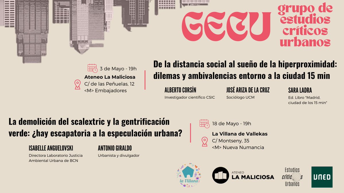 ✨PLANAZO

Desde el Grupo de Estudios Críticos Urbanos, presentamos dos debates fundamentales para entender el futuro de la ciudad en Madrid.

Gracias a <a href="/lavillanavk/">La Villana / PAH Vallekas</a> y <a href="/AteneoMaliciosa/">La Maliciosa</a> por acogernos!

🧵👇