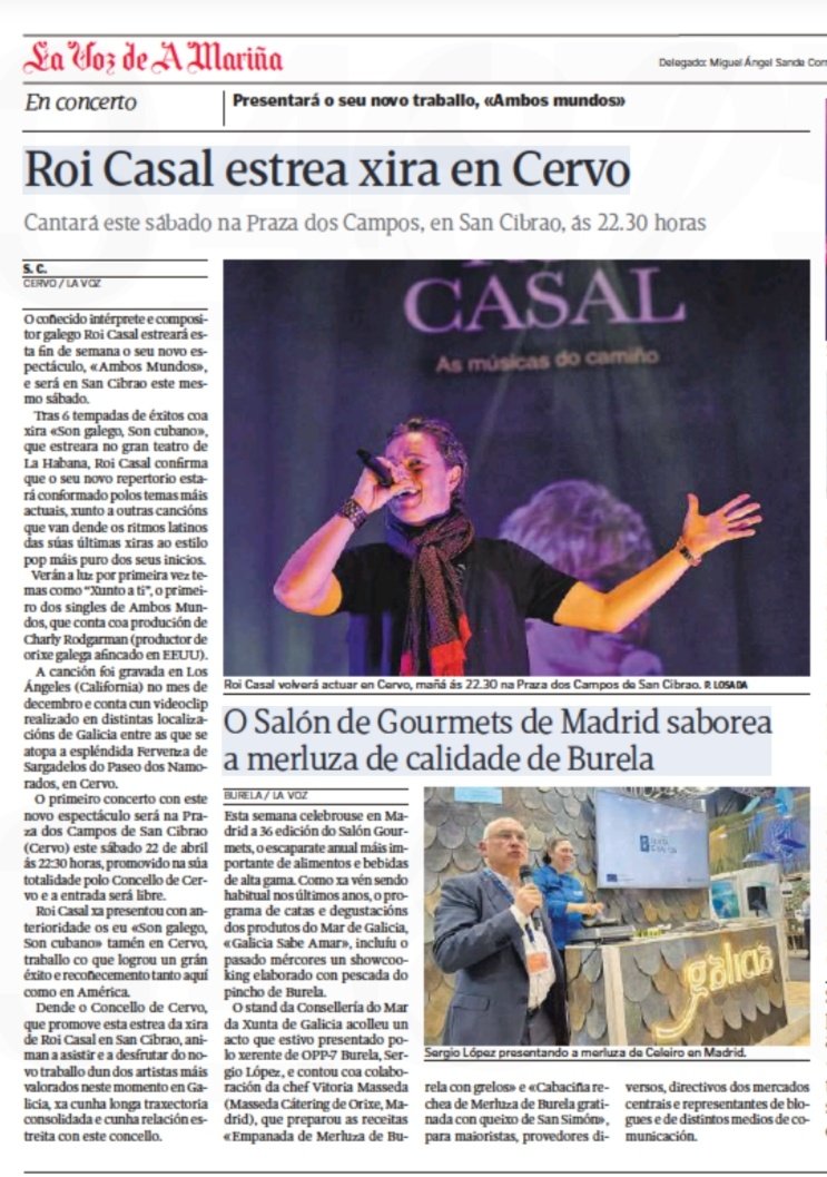 🗞️🗞️Así recolle hoxe La Voz de Galicia. Edición A Mariña o concertazo que temos previsto para este sábado da man de <a href="/RoiCasal/">Roi Casal</a> 

📌Praza dos Campos
🕧22:30 horas

🎶Non te perdas a estrea da súa nova xira "Ambos Mundos"