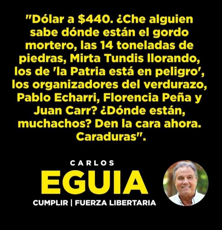 FuerzaLibCente's tweet photo. ¿Donde están esos que por el dólar a $14 hacían un circo llorando por los jubilados, por la gente que labura,  por la patria? 🤔
¿Acaso les gusta el dólar a $440?
¡Den la cara! 
#MILEI2023 https://t.co/ZkWmJcyaxG