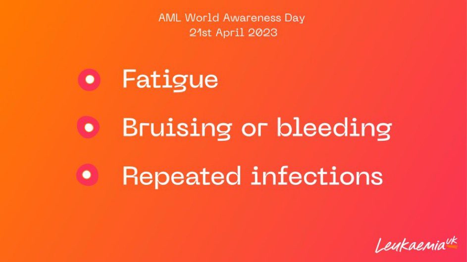 Today is AML World Awareness Day.

Did you know that over 3,000 people in the UK are diagnosed with acute myeloid #leukaemia
(#AML) every year?

That's more than 8 people every day.
@LeukUK #KnowAML