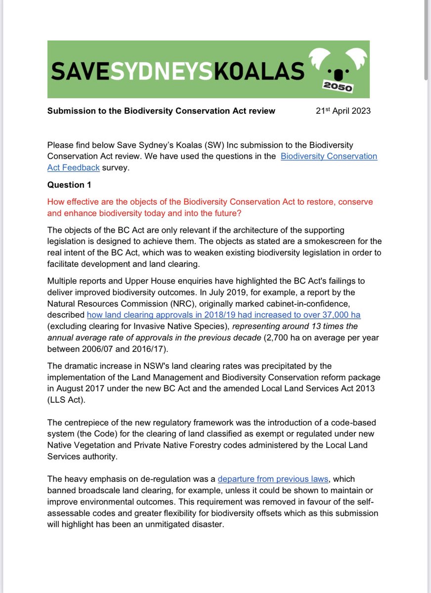 Our Biodiversity Conservation Act Review Submission ( page 1) 

Multiple reports and Upper House enquiries have highlighted the BC Act's failings to deliver improved biodiversity outcomes. 

It needs serious reform @PennySharpemlc @greencate @katieqs @ElaineEDO @talkingkoala