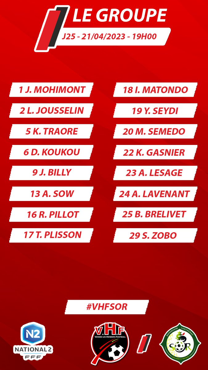 VHFootOfficiel's tweet photo. [#VHFSOR] 𝗝𝗢𝗨𝗥 𝗗𝗘 𝗠𝗔𝗧𝗖𝗛 ⚽️

👥 Voici les 16 joueurs convoqués par le coach pour la rencontre de ce soir.

🏆 25ème journée de #National2 
🆚 Romorantin
⌚️ 19h00
🏟️ Stade #Massabielle
🌭 Buvette et restauration sur place

🔴⚫️ #AllezVHF https://t.co/h5LKu2Xlt3