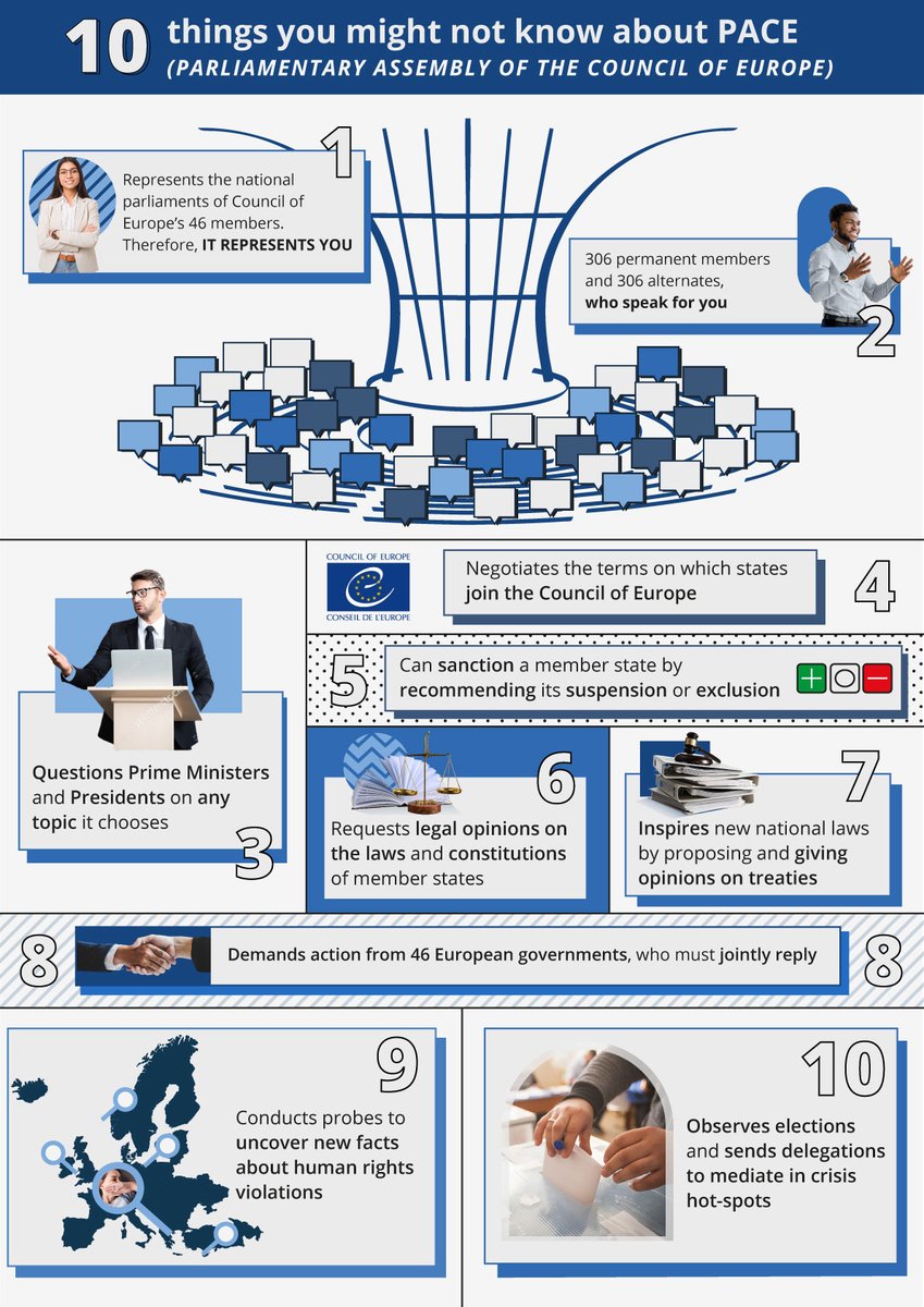 coe's tweet photo. Here are 10 things you might not know about the Council of Europe's Parliamentary Assembly.   

Watch @PACE_News in action - its plenary session starts next week.  

📺Info and livestreaming: https://t.co/yPqOy1rR6W
👉#PACEspring2023 https://t.co/dfeV2cvT7b