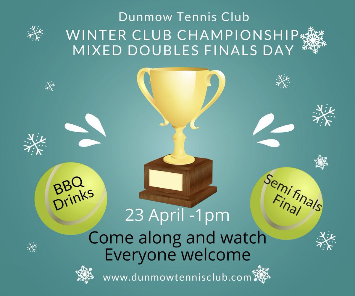 DunmowTennis's tweet photo. 🎾 WINTER FINALS DAY 🎾

This Sunday 23rd is our Winter Finals Day!

Play will start at 1pm, starting with the Semi-Finals.
Food and drink are available through the day.

Everyone is welcome to come and support, so come along for a great afternoon! 😆👍🏽 

#WinterFinals #DunmowTC https://t.co/N9TKnwO85p