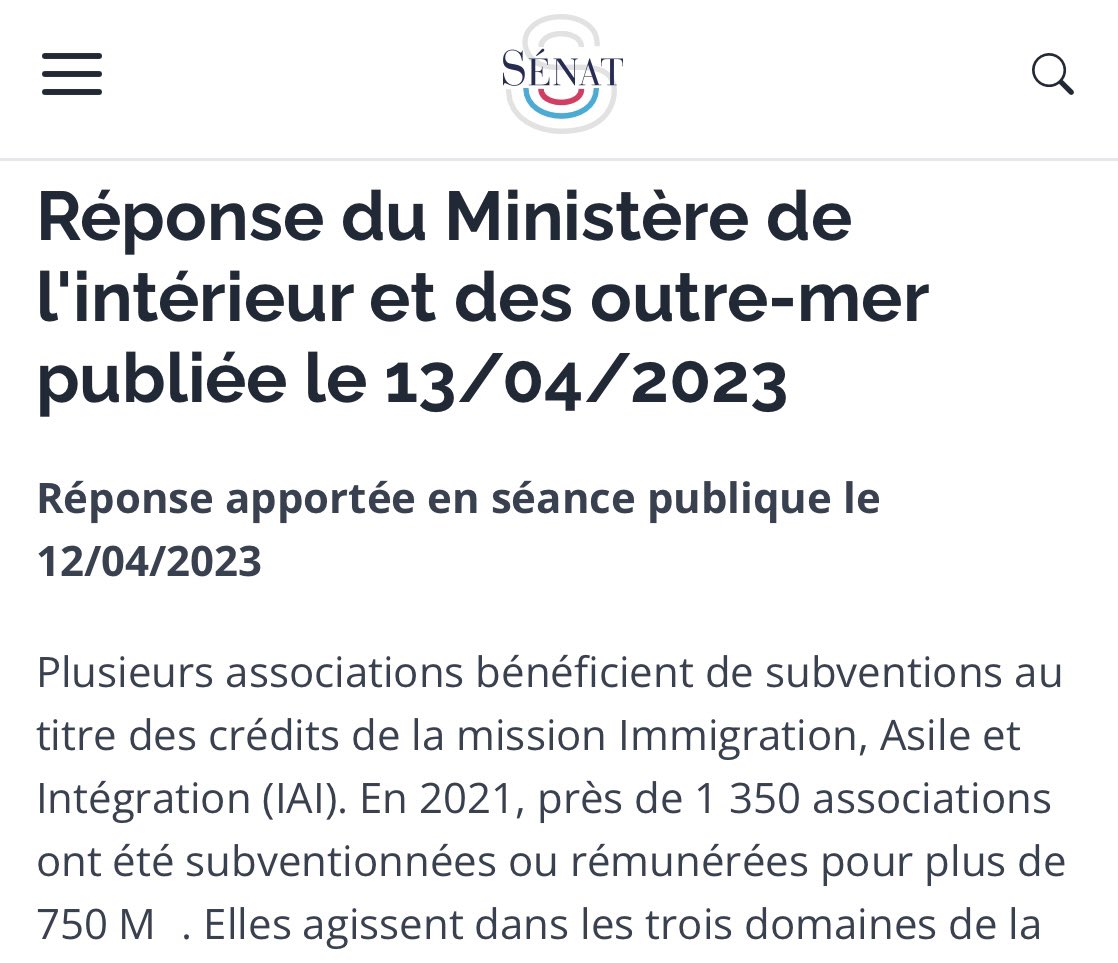CharlesPrats's tweet photo. 🟣💶 #immigration Les associations d’aide aux migrants ont touché 750 millions d’euros de subventions de la part de l’Etat (hors collectivités territoriales) en 2021.
👉🏻 Réponse toute fraîche (semaine dernière) du ministre de l’intérieur à une question de contrôle posée par la sénatrice @UDI_off Nathalie Goulet @senateur61 
https://t.co/j9TsdGAozv