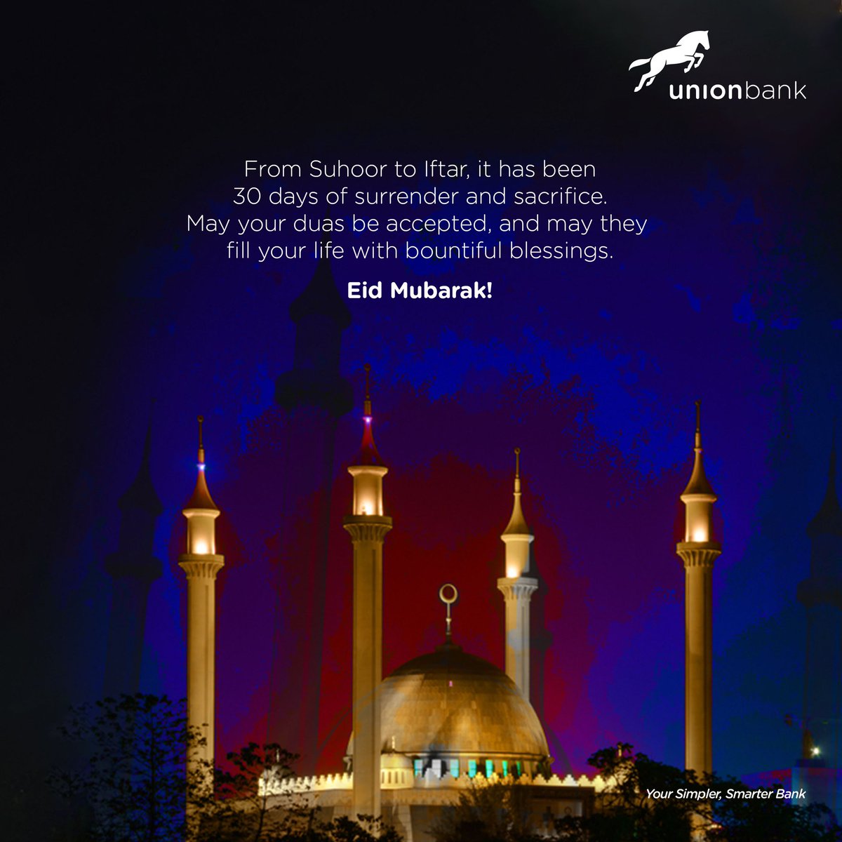 UNIONBANK_NG's tweet photo. May your duas be accepted and the blessings of Ramadan continue to bring joy and prosperity to your lives. 

Eid Mubarak from all of us at Union Bank!  

#Eid #UnionBank #YourSimplerSmarterBank https://t.co/KPMLGKkx9Y