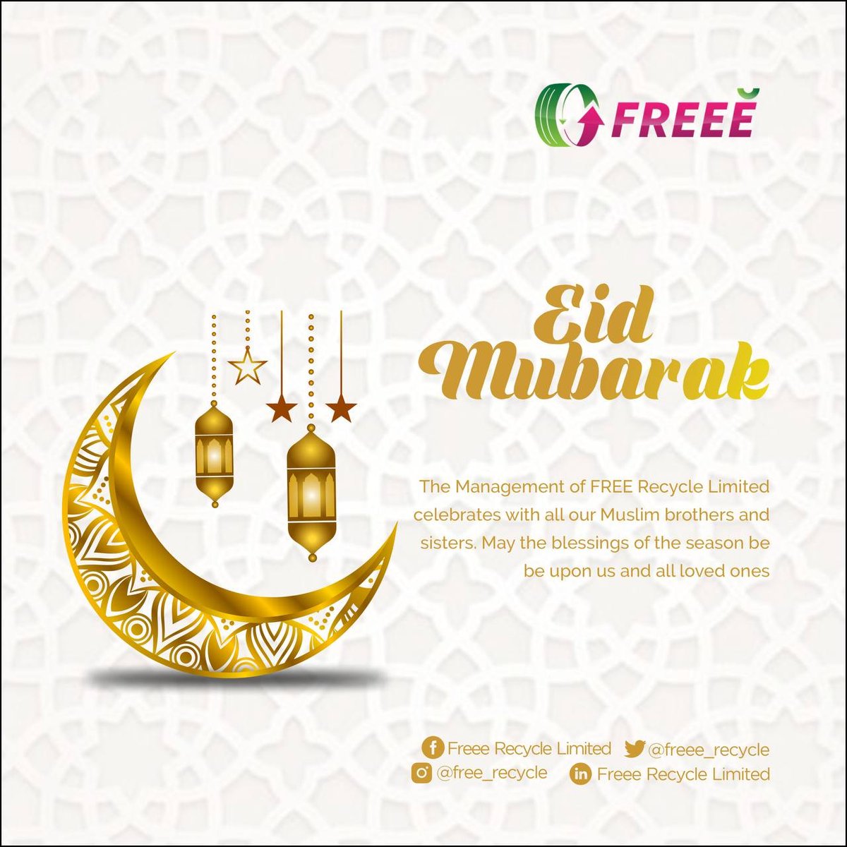 Freee_Recycle's tweet photo. The Management of Freee Recycle  celebrate with our Muslim brothers and sisters. May the blessings of this season be upon us and all loved ones.

#EidMubarak #Ramadan #freeerecyclelimited #rubber #tyre #recycle #recycling #tyrerecycling #freeerecycle https://t.co/RzZPkQf3RP