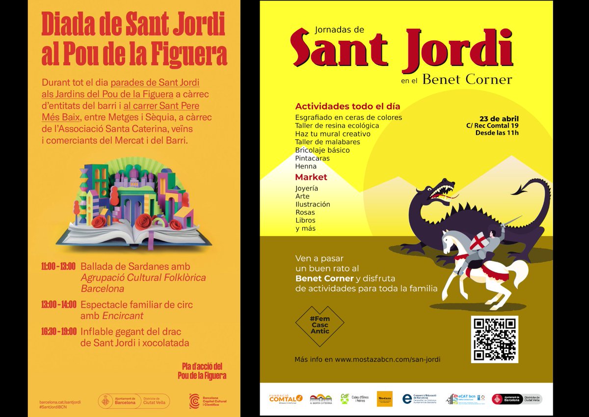 CdEinesiFeines's tweet photo. Aquest Sant Jordi, tindrem dos parades al barri!
Al #foratdelavergonya / #poudelafiguera, para de llibres sobre transició ecològica, i al #benetcorner, parada informativa sobre #CaixadEines.
Ens hi veiem! https://t.co/YvJwpsQxCh
