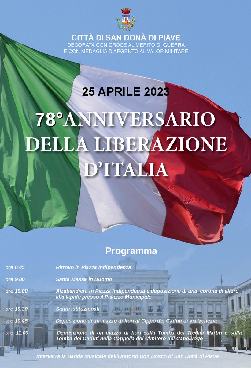 🇮🇹 Martedì 25 Aprile 78° Anniversario della Liberazione 🇮🇹 Programma delle manifestazioni
#sandona #sandonadipiave #25aprile #25aprile2023