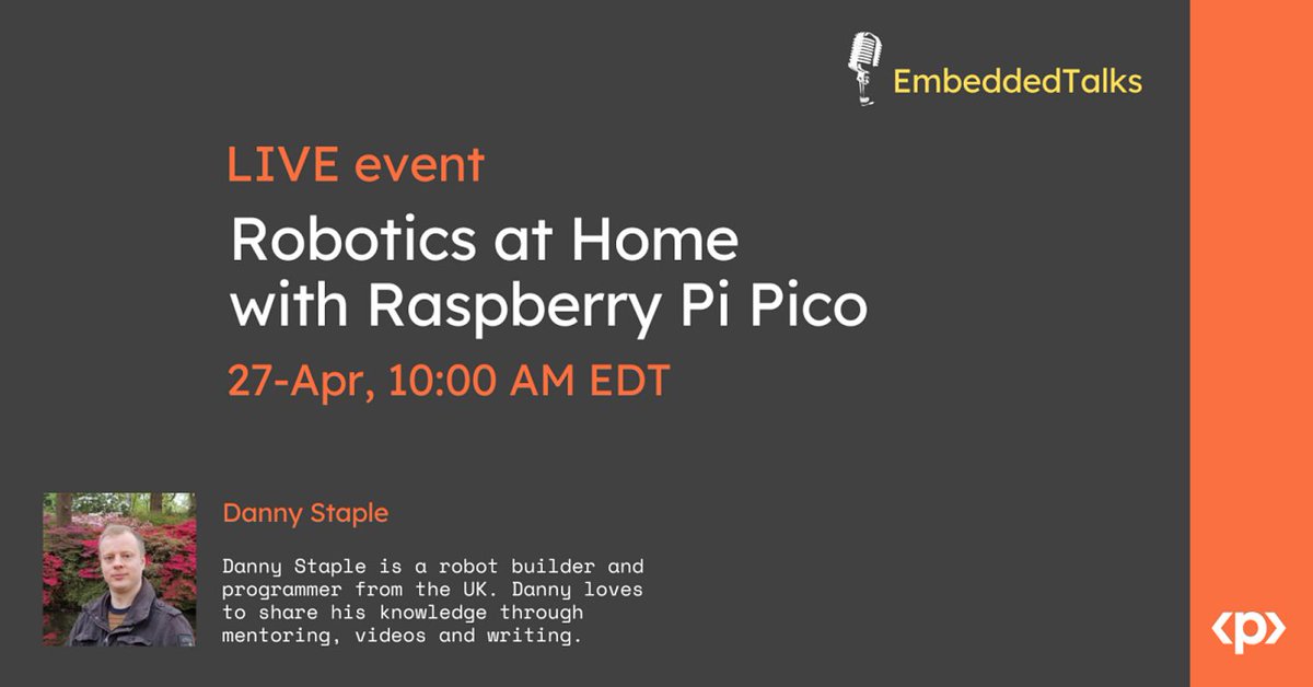 Raspberry_Pi's tweet image. Robotics at Home with Raspberry Pi Pico
is a FREE online community event hosted by Embedded System Professional Discord Community.
Sign up to learn how to design, build, and program a mobile robot platform:
events.raspberrypi.com/community/715f…