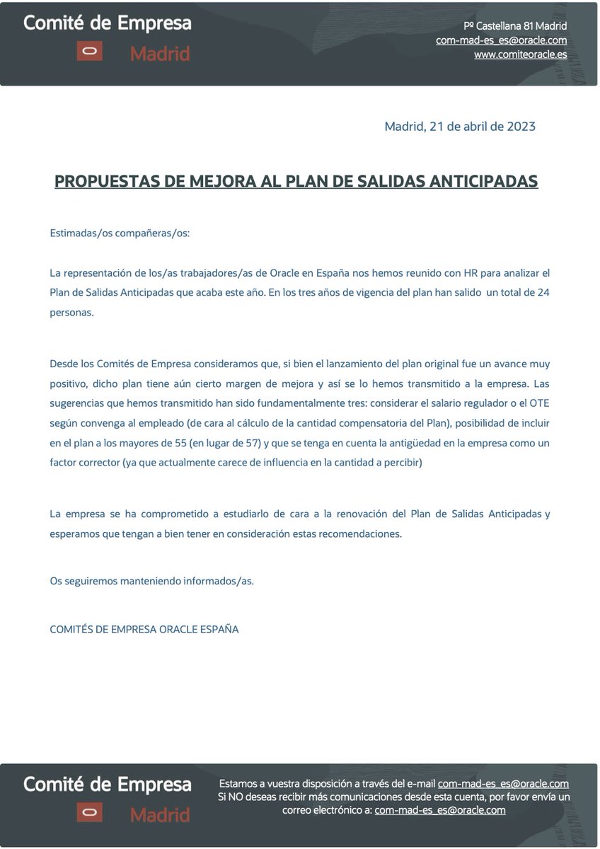 ComiteOracle's tweet image. COMUNICADO: PROPUESTAS DE MEJORA AL PLAN DE SALIDAS ANTICIPADAS

#ComiteOracle