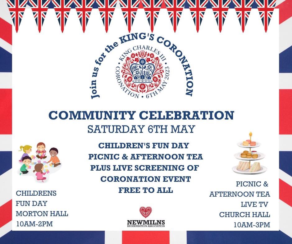 LoveNewmilns's tweet photo. The King's Coronation is on Sat 6th May - we know it's not everyone's cup of tea, but it's a piece of history we get to watch!
To commemorate, we are holding a Free Community Picnic Afternoon Tea, Live TV Screening of the Coronation and a Children's Fun Day #coronation #newmilns https://t.co/wAzMlKFKUH