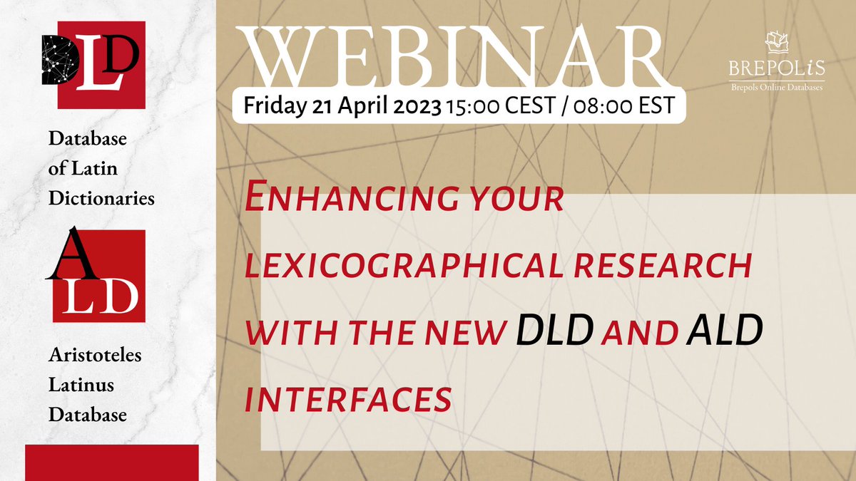 Brepols's tweet photo. Join us 𝘁𝗵𝗶𝘀 𝗮𝗳𝘁𝗲𝗿𝗻𝗼𝗼𝗻 for the 𝗳𝗿𝗲𝗲 𝘄𝗲𝗯𝗶𝗻𝗮𝗿 “Enhancing your #lexicographicalresearch with the new Database of #LatinDictionaries and #Aristoteles Latinus Database interfaces” 
Register &amp; Info: https://t.co/KCyzBDHD10 
#HistPhil #MedievalTwitter https://t.co/JHdM0F4o7c