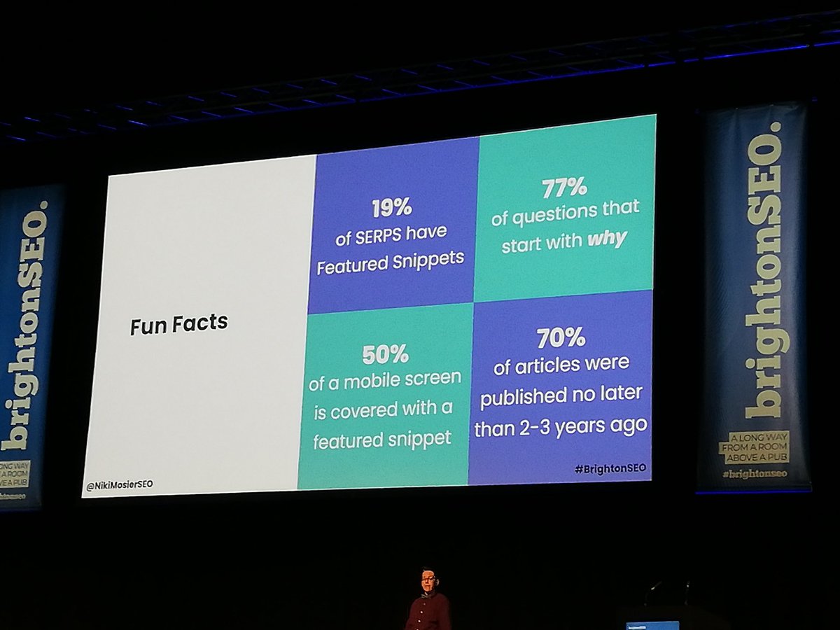 upriseUPSEM's tweet image. 'Why' questions make up 70% of all featured snippets 🤔
Really useful talk from @NikiMosierSEO - some great insights here ✨ 👏
@brightonseo
#BrightonSEO #SEO #FeaturedSnippets