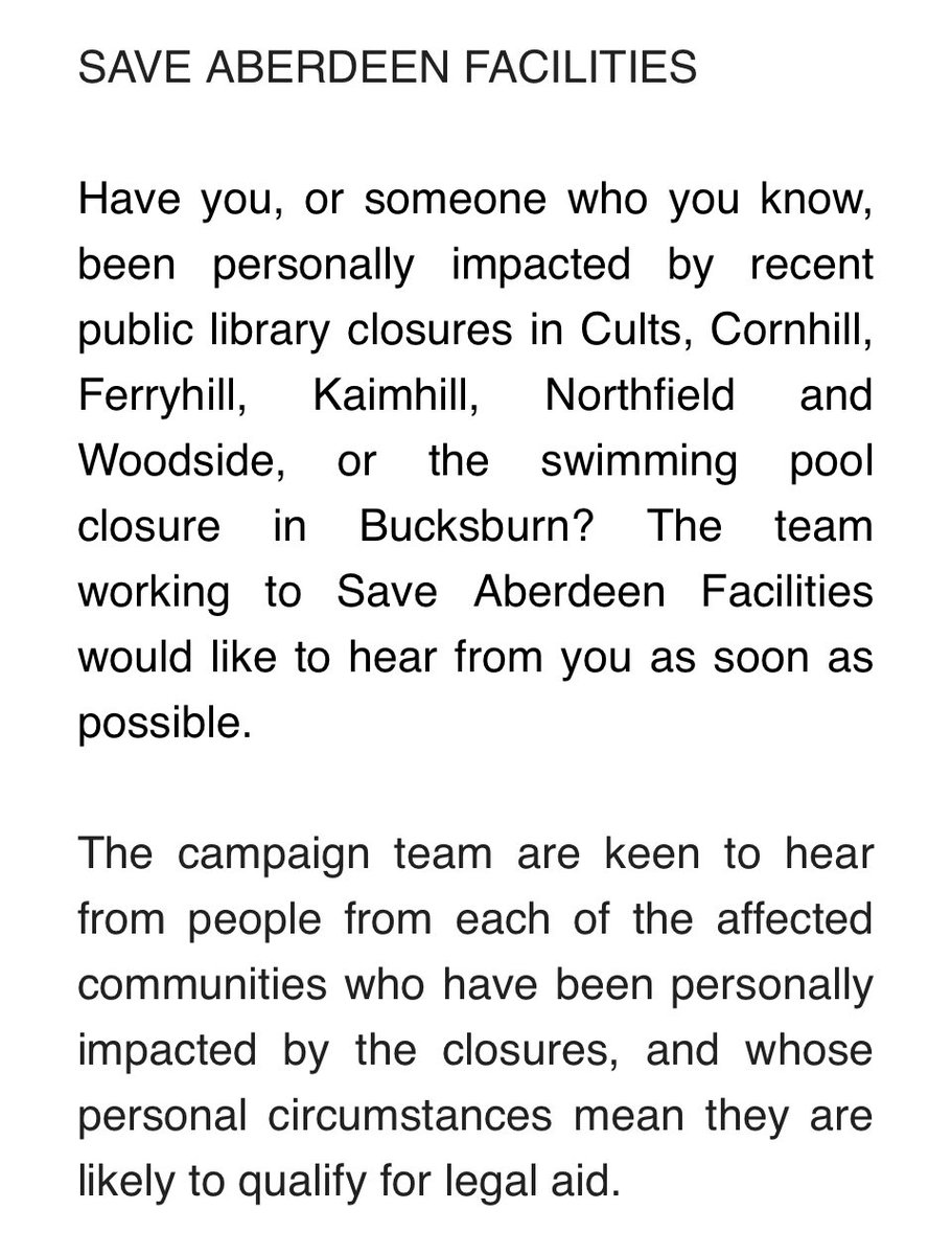 JRossAnderson's tweet photo. Campaigners from @SaveAbdnLibs and @SaveBucksPool would like to hear from those in #Aberdeen who have been personally impacted by the #library and swimming pool closures, and who are likely to qualify for legal aid. More info👇👇

Please email saveaberdeenlibs@gmail.com https://t.co/zXttPFwJqy