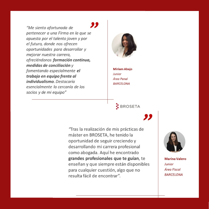 broseta_es's tweet photo. #TestimoniosBROSETA
👉Hoy compartimos los testimonios de nuestras compañeras Marina Valero, Junior del #ÁreaFiscal y Miriam Abajo, Junior del #ÁreaPenal. ¡Estamos encantados de tener #TalentoJoven como el vuestro en nuestro equipo!
🔶 ¡Feliz viernes! 🔶#BROSETA https://t.co/Zqvt5TrvjF