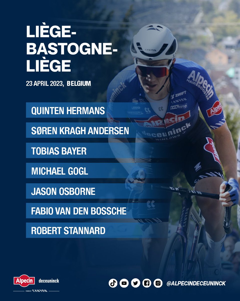 The classic spring is coming to an end, but with @LiegeBastogneL, there is still a great dessert on Sunday. Quinten Hermans - second last year - and Soren Kragh lead our lineup in this fourth monument of 2023. @AlpecinCycling @Deceuninck @canyon_bikes