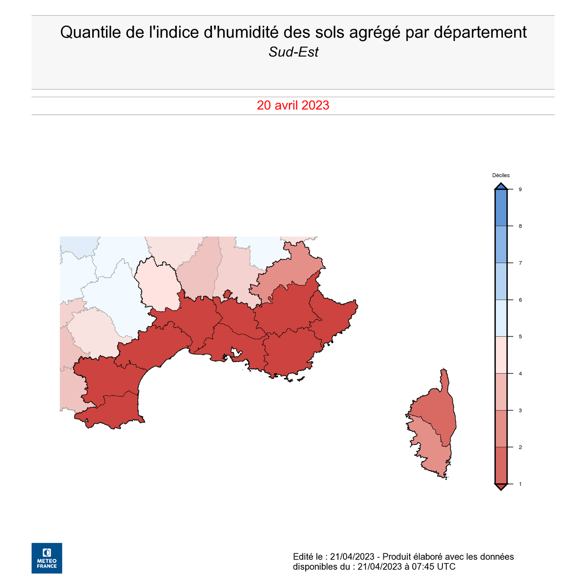 #Sécheresse
Situation préoccupante : au 20 avril, l'indice d'humidité des sols est inférieur à la normale dans les 13 départements.
Sur 9 d'entre eux, il est inférieur au premier décile, soit dans le top 10% des plus secs pour la période, et souvent digne d'une fin juin.