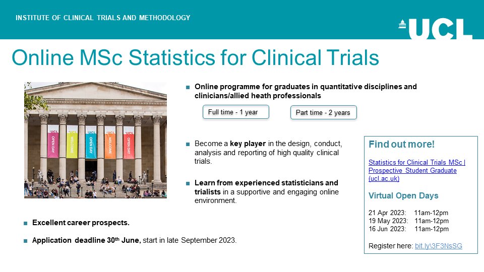 Online MSc in Statistics for Clinical Trials at UCL. Come learn about estimands, novel trial designs, missing data, sensitivity analyses, covariate adjustment, and more!