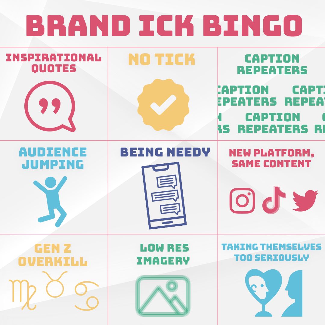 Want to take your brand's #socialmedia from ick to tick? ✔ Scroll your feed to see how many icks you tick on our bingo card &amp; then download our guide to the biggest icks and how to rectify them (based on our ick-sessment of the 20 most followed brands. redconsultancy.com/brand-ick-bing…