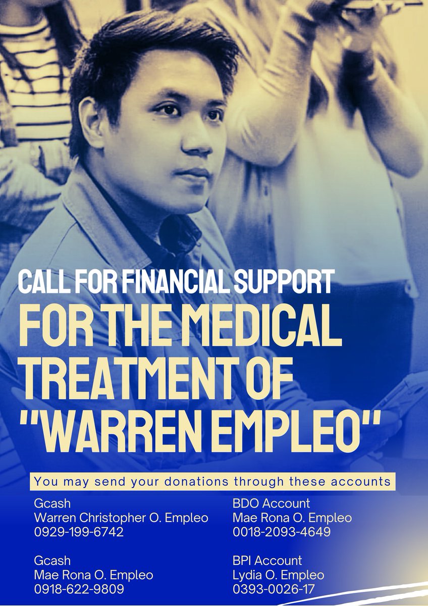 dandiamante's tweet photo. Hi twitter friends! Calling for help for the medical treatment of our good friend @WarrenEmpleo! Spreading this tweet will be a big help!

Thank you!

#callfordonation
#fundraising https://t.co/HTZLkQvufp