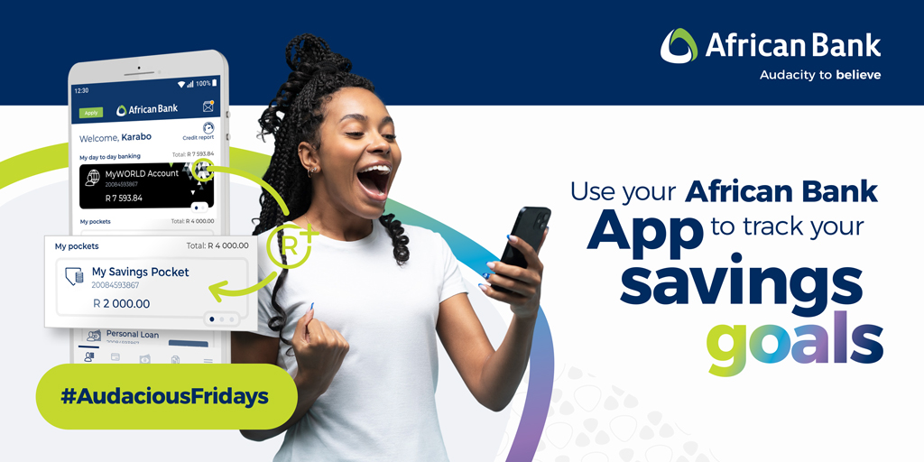 AfricanBank's tweet photo. Are you committed to meeting your savings goals? If you are, then you’ll know that you need to constantly check in on your progress. Use your African Bank App to help you monitor and meet your savings goals.

#AudaciousFridays https://t.co/ZpEkOBUq6G