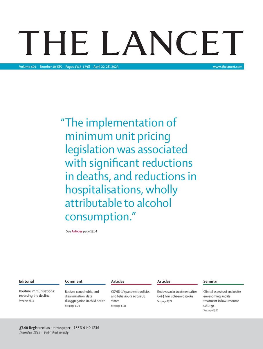 Our study evaluating the impact of #alcohol #MinimumUnitPricing on deaths and hospitalisations in Scotland has now been published in the latest issue of <a href="/TheLancet/">The Lancet</a>.

The issue leads with the key findings from the study.  

Read more 👉thelancet.com/journals/lance…