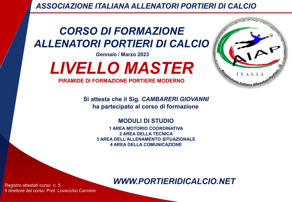 I’m happy to share that I’ve obtained a new certification: Goalkeeper Coach - Master Level from Associazione Italiana Allenatori Portieri (AIAP)
<a href="/UnitedLazio/">Lazio United FC</a>