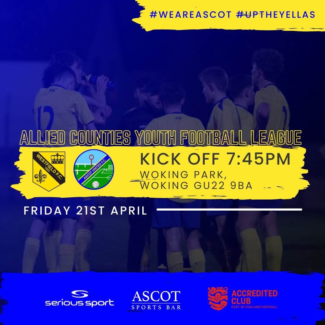 AscotUnitedFC's tweet photo. ✨ FRIDAY NIGHT UNDER THE LIGHTS✨

It's match day for our Allied side as they're in @ACYFLofficial action tonight, for the final league game of the season. 

They’re headed to @westfield_fc at Woking Park.  

Kick off at 7:45pm, let’s go Yellas! 👊

#WeAreAscot #UptheYellas https://t.co/P10iUTtqZk