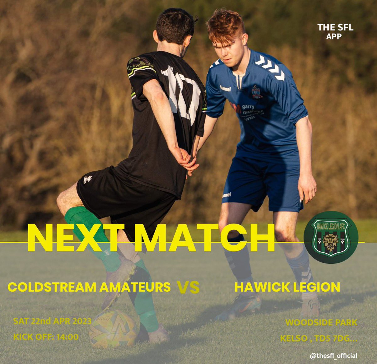 ⚽️Final League Fixture⚽️

📆 - Saturday 22nd April  
🏆 -  Border Am ‘B’ Division      
🆚 - Coldstream Amatuers    
📍- Woodside Park, Kelso 
🕰 - 2pm Kick Off

💚🖤