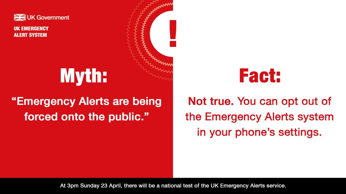 The Emergency Alerts system will be tested nationally at 3pm on Sunday 23 April. Anyone concerned or in a situation where they may be at risk from a loud alert can find more information about opting out on the Government website: orlo.uk/yhVzr