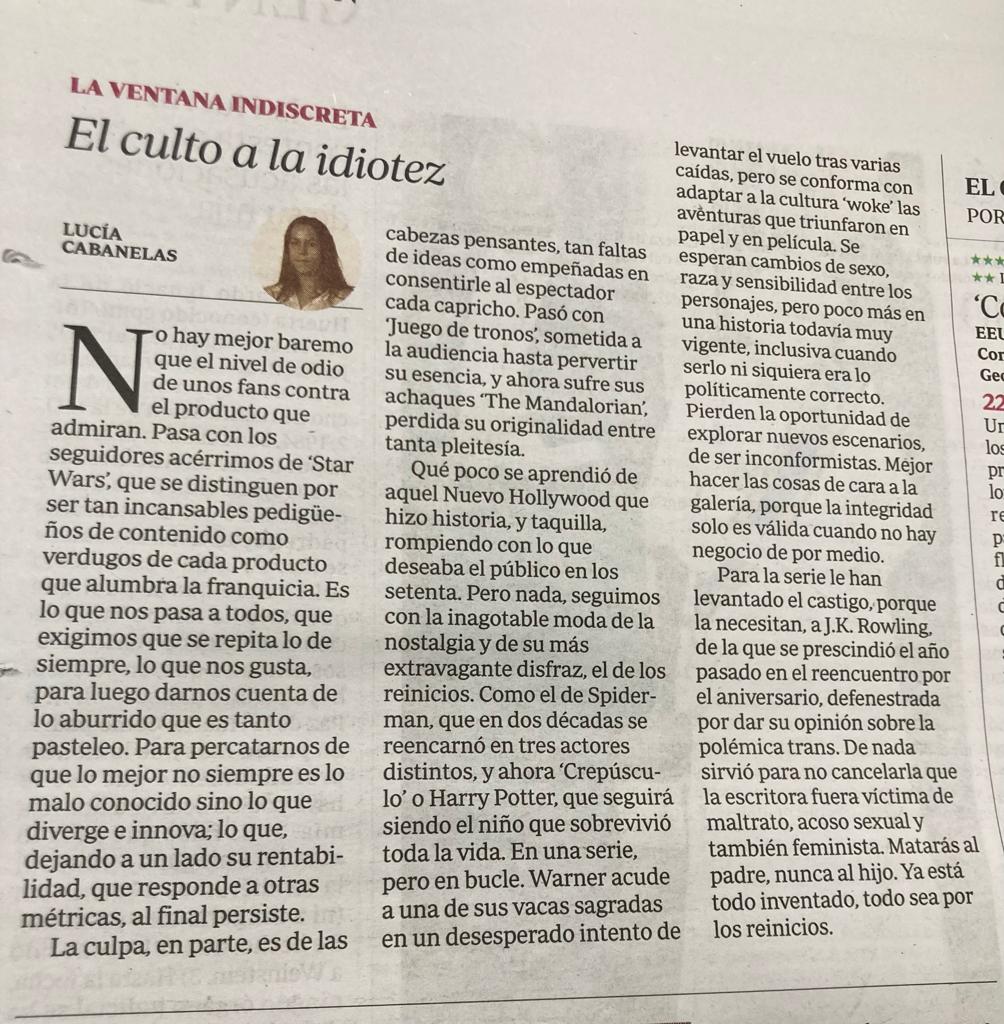 Sobre reinicios y falta de originalidad, sobre la droga de la nostalgia. Sobre los odiadores de cosas y los fans perdidos que no saben lo que quieren. Por más sorpresas y riesgos y menos pleitesía.

Mi columna de los viernes
abc.es/play/series/cr…