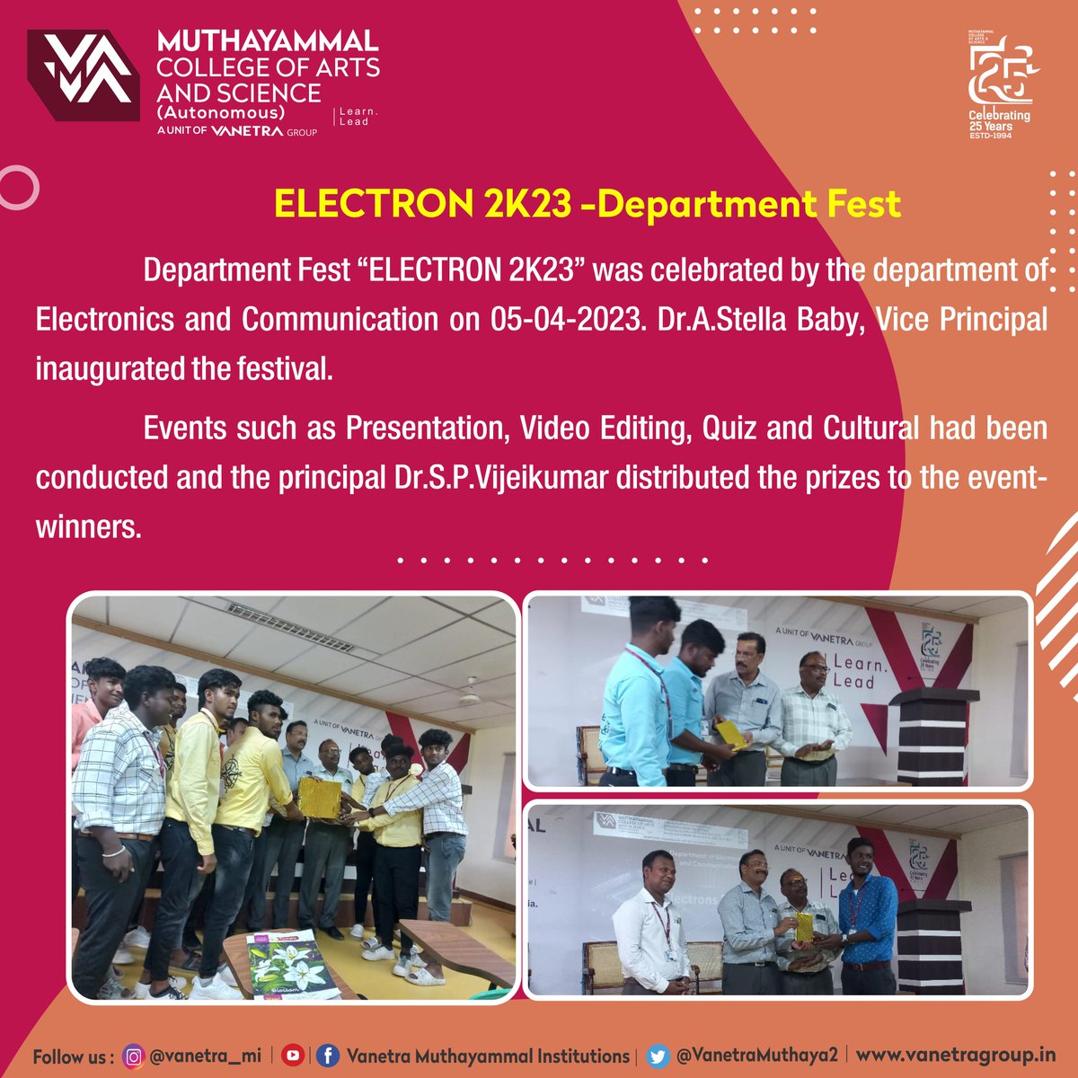 VanetraMuthaya2's tweet image. Department of Electronics and Communication organized Electrons 2K23-Department Fest on 05.04.2023.
#ECE #electronics #electronicsprojects #festival #Department #viral #trendingnow #viral #todaytrend #todaytrending #departments #electrons #electronicshop #electronicslovers #mcas