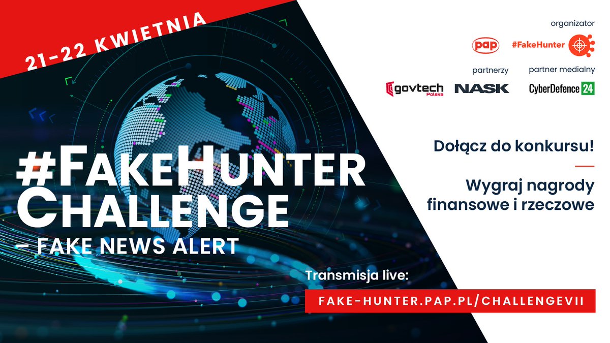 PAPMediaRoom's tweet image. Zapraszamy do udziału w konkursie #FakeHunter Challenge. Jeśli nie zdążyłeś się zarejestrować, to możesz to zrobić jeszcze teraz: bit.ly/3UNPjl6 #papmediaroom @PAPinformacje @PAPFakeHunter 
@CyberDefence24 @GovTechPL @NASK_pl
