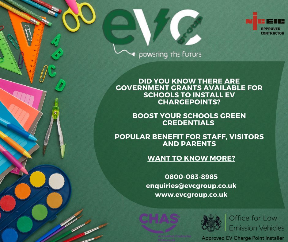 The grant runs out early 2024⏳ Take advantage of the grant and contact us now to get an EV charger installed at your local school or academy 🔋🔌 0800 083 8985 enquiries@evcgroup.co.uk evcgroup.co.uk #ev #ElectricVehicles #evcharging #school