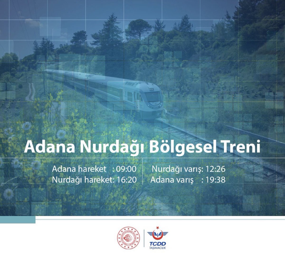 TCDDTasimacilik's tweet photo. Adana-Nurdağı arasında işleyecek bölgesel tren 22 Nisan'dan itibaren yolcuları ile buluşuyor! 

Adana’dan Nurdağı’na 09:00'da, 
Nurdağı’ndan Adana’ya 16:20'de hareket edecek bölgesel trenlerle yolculuk 3 saat 25 dakika sürecek.

#UlaşıncaBaşlar https://t.co/EZyVYPxjDL
