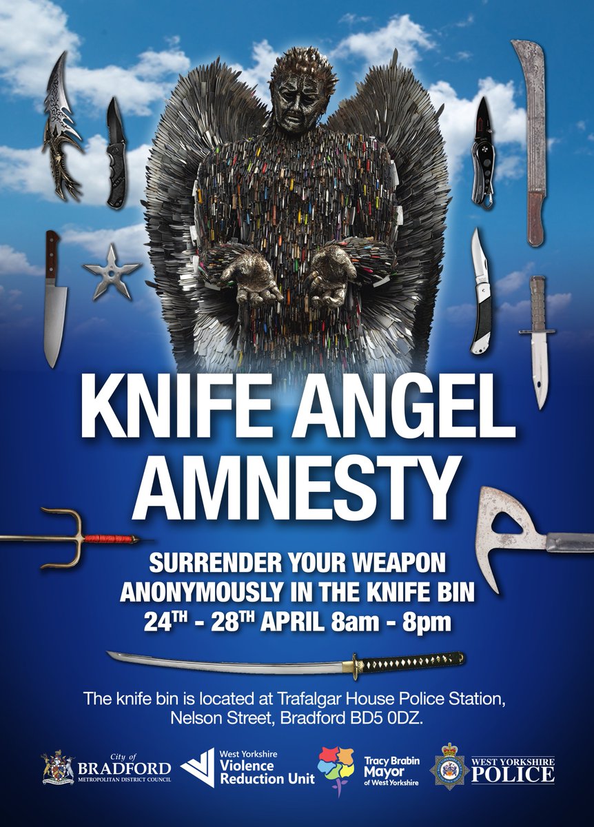 WYP_BradfordS's tweet photo. As part of the #KnifeAngel coming to Bradford, Police in the City are holding a Knife Amnesty at Trafalgar House Police Station next week.
The knife bin is for anyone who wants to dispose of bladed weapons or other offensive weapons.
Find out more here:
https://t.co/MZy1nWRVWq... https://t.co/rN3lwuQCjU