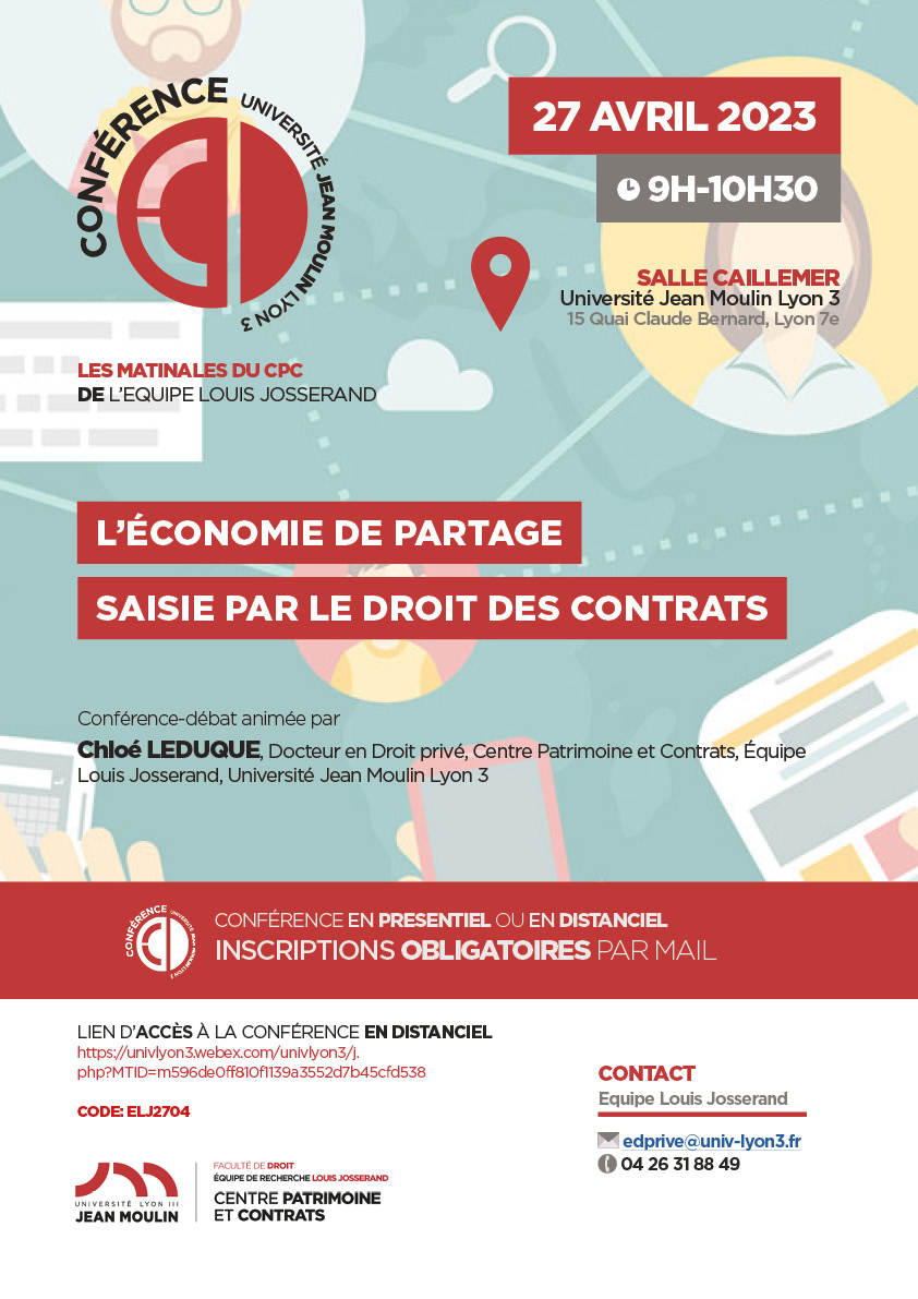📅 RDV le 27 avril prochain, de 9h à 10h30 pour la conférence-débat de Chloé Leduque,  Docteur en Droit privé, Centre Patrimoine et Contrats.

Conférence en mode hybride (lien d'accès sur l'affiche)
➕ d'infos et inscription sur : elj.univ-lyon3.fr/les-matinales-…