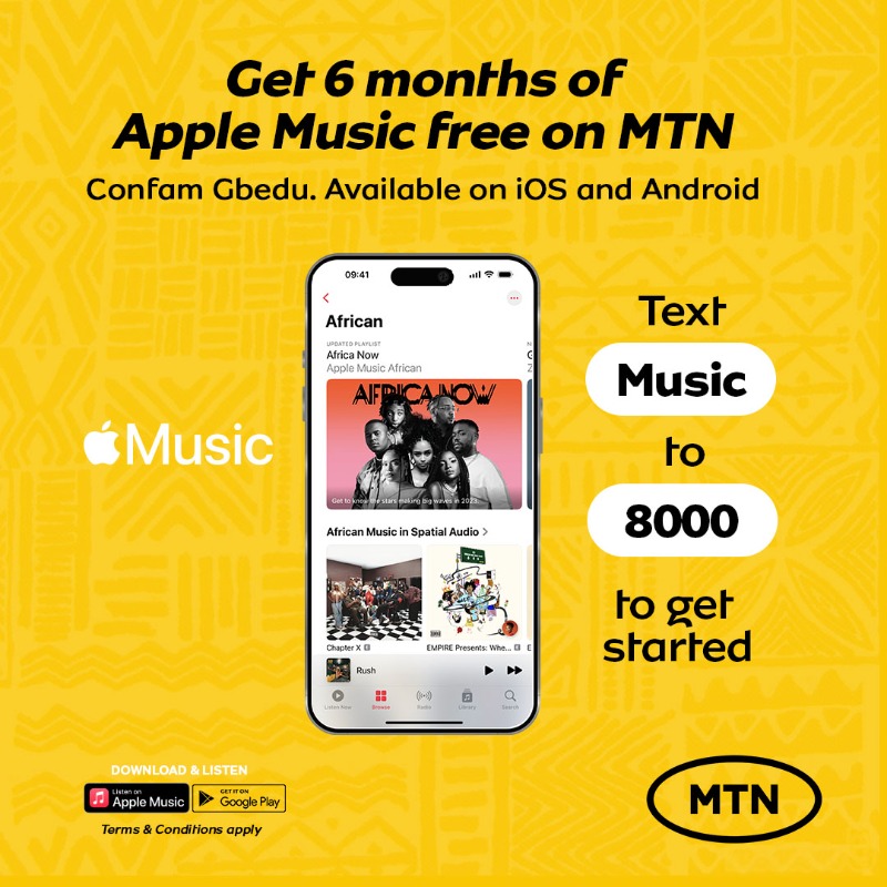 MTNNG's tweet photo. Afrobeats or Amapiano? 🤷‍♀️
Whatever genre you vibe with, stream music on Apple Music FREE for 6 months.

Text 'Music' to 8000 and enjoy!

#MTNxAppleMusic